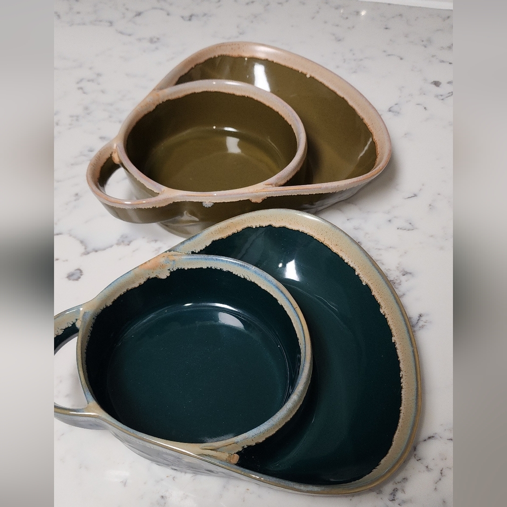 Set of Four Ceramic Soup Bowls in Green and Tan